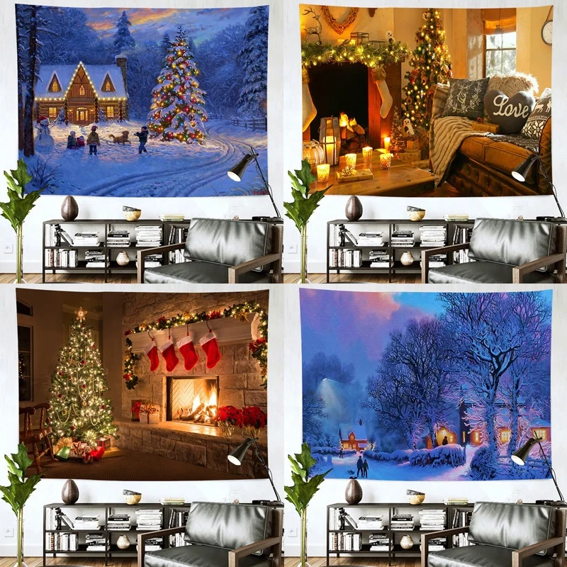Cross border peach fur printed Santa Hanging cloth Home bedroom background Source Factory Winter Christmas tapestry