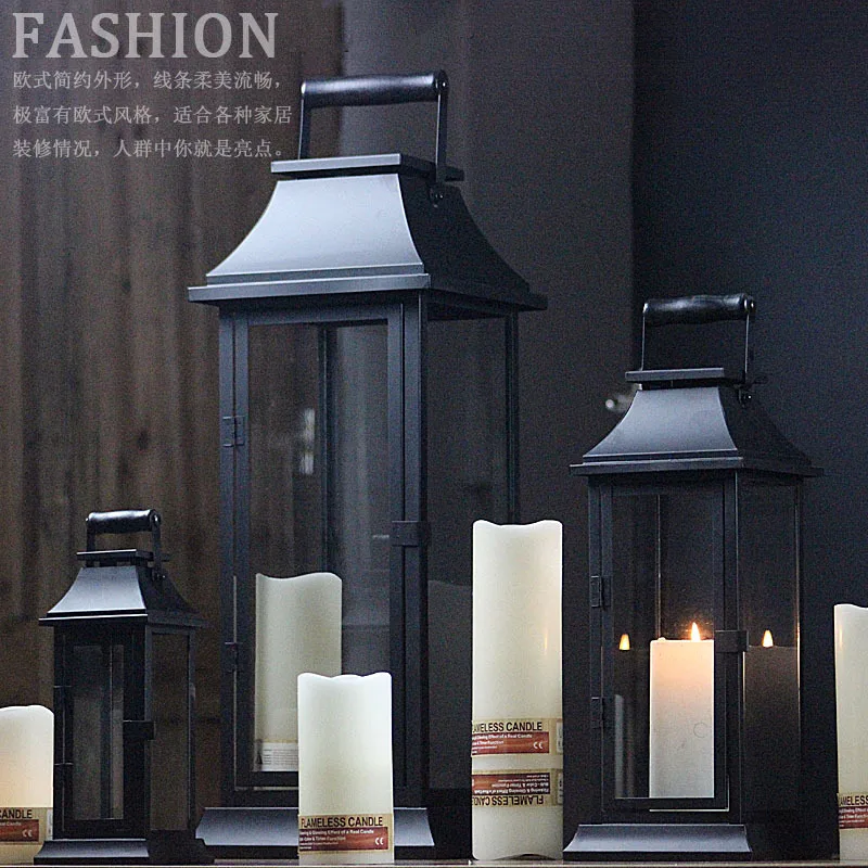 Simple Chinese retro portable windproof candlestick iron glass outdoor courtyard floor lamp candlestick ornaments