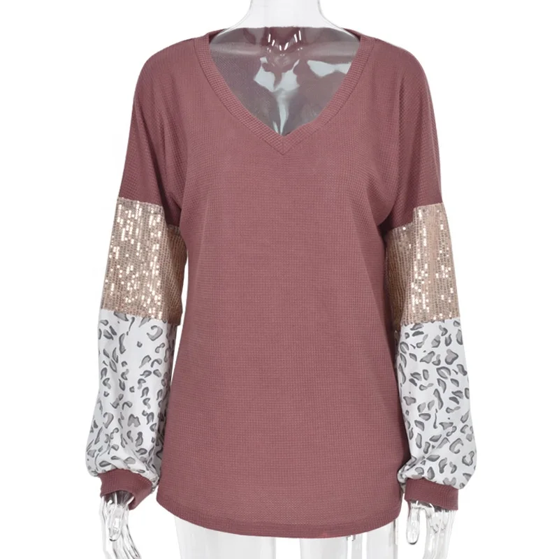 
Wholesale Monogram 2021 Waffle Patchwork Sequin Sleeve Ladies Top,Sequin Leopard Sleeve Women Sweater 