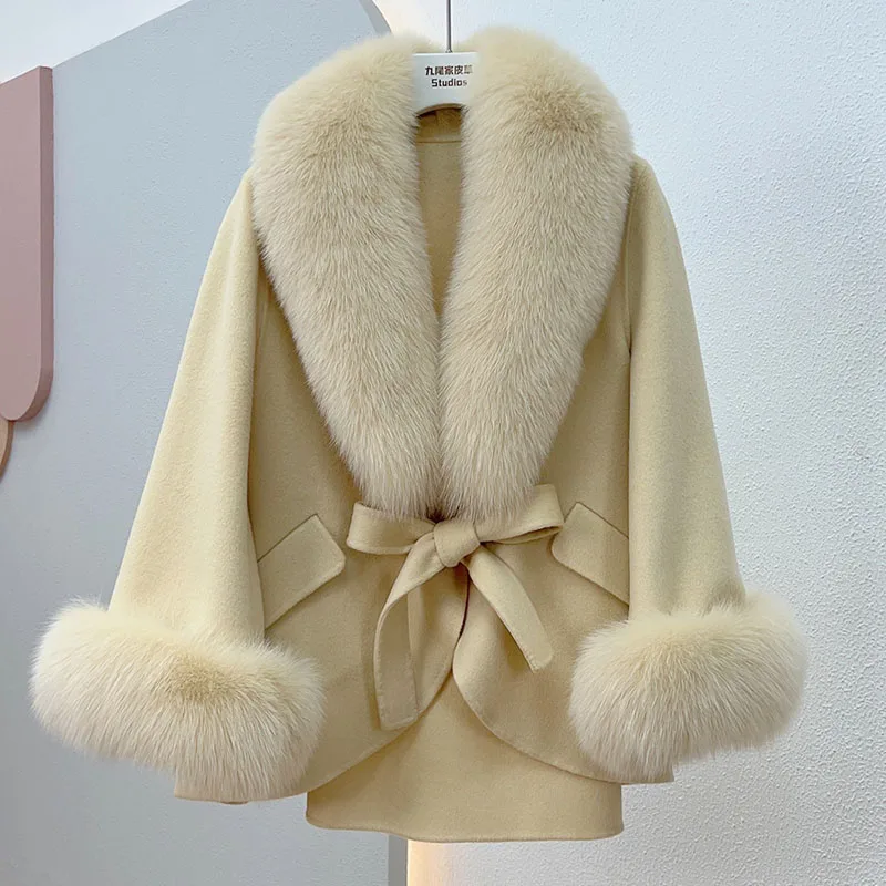 2024 New Women Real Wool Blended Coat With Real Fox Fur collar Fashion Loose Woollen Jacket Outwear Genuine Fox Fur Cuff