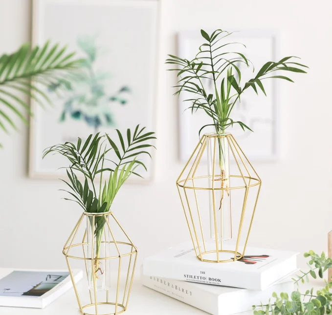 Лидер продаж, ваза из металла и стекла в полоску из розового золота, декоративные вазы для растений huose