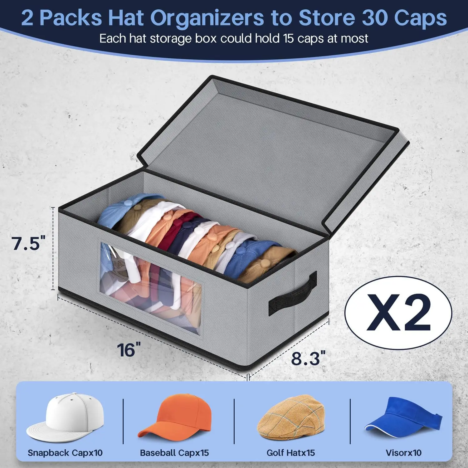 Hot Selling Grey Stackable Hat Organizer For Baseball Caps Hat Storage Boxes For Closet Hold 30 Caps With Sturdy Cardboard