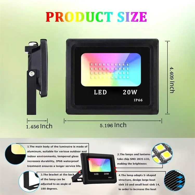 15-100W RGB Led Flood Light Smart App Control Garden Stage Lighting IP66 Waterproof Dimmable Outdoor Flood Light