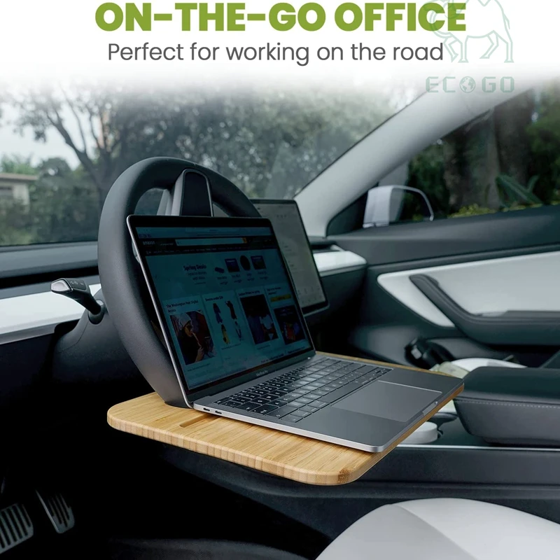 Bamboo Double Sided Steering Wheel Tray With Storage Bag,Smooth Finish Steering Wheel Desk For Laptop