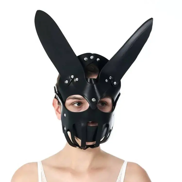 Sexy Black Leather Bondage  Adult Sex Foreplay Full Face Party Rabbit Ears Mask