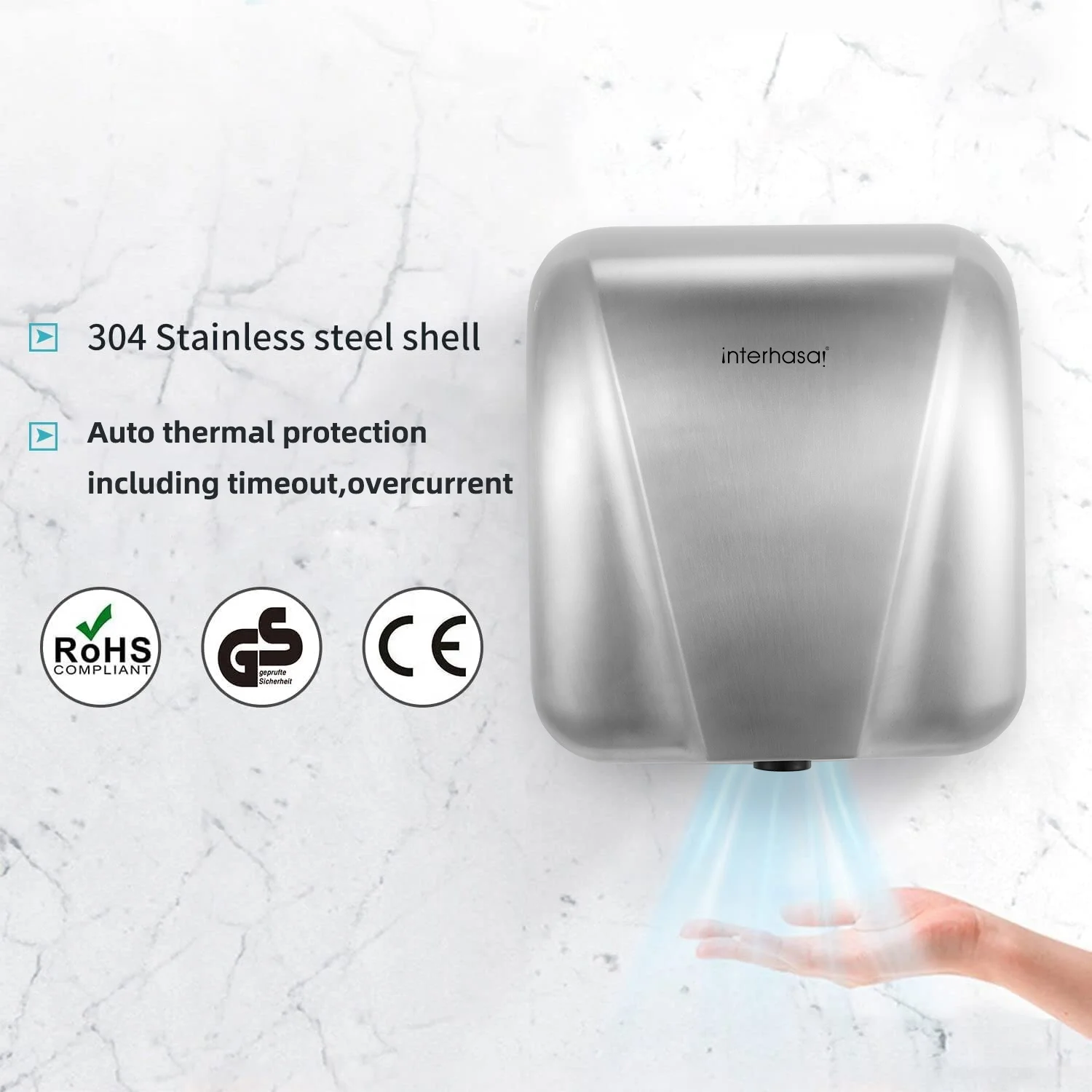 Heavy Duty Commercial washroom ss hand dryer High Speed Stainless Steel Design Warm Wind Hand Blower 1800W Brushed