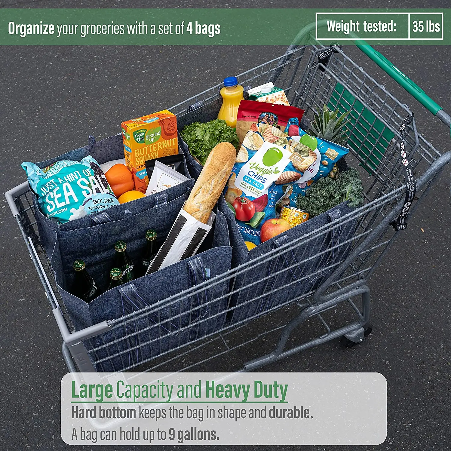 Durable Triple Layer Construction Grocery Tote Bag Shopping Container Picnic Basket with Reinforced Sturdy Long Handle