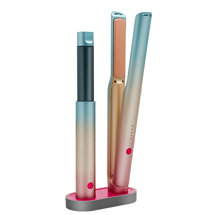 cordless curling hair wireless curler iron wand 2 in 1 straightener machine and curl straightening crimping with base for set