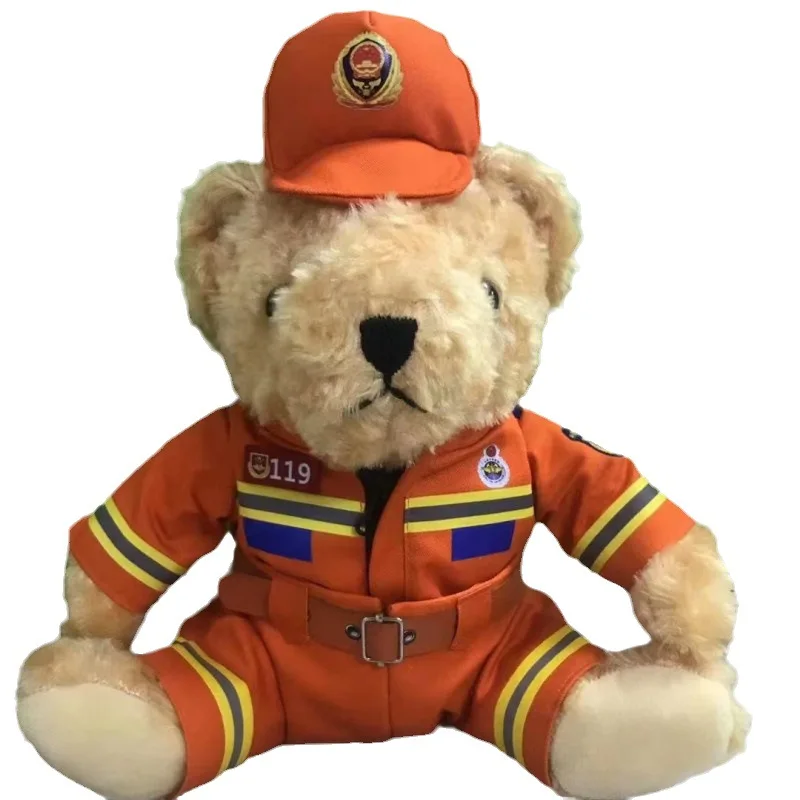 Fireman Bear Soft Toys Furry Police Cops Stuffed Animals Bedtime Companion Comforting Brown Officer Bear Toy for Kids Adults