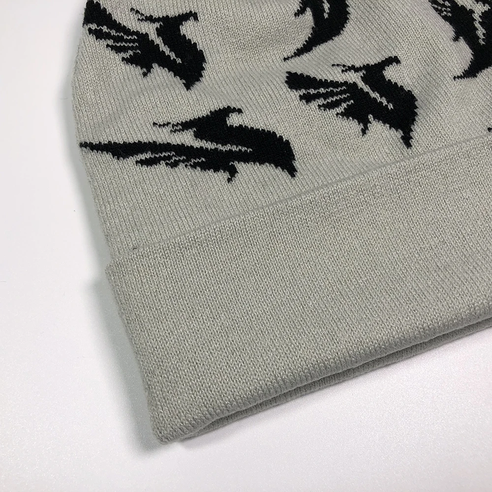 Russian winter hat with ball All over printed bird jacquard logo cuffed grey caps Custom logo outdoor sports pom pom beanie knit