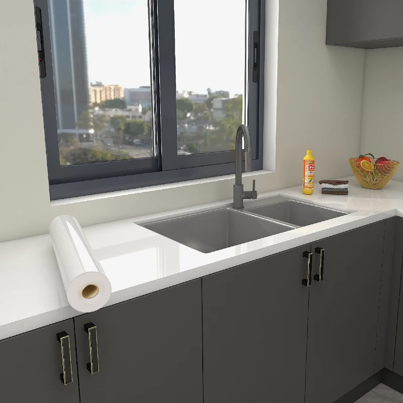 Self Adhesive Wallpaper Wall Sticker Wallpaper White PVC Glossy Wallpaper For Kitchen Cabinet Peel and Stick Wall Stickers