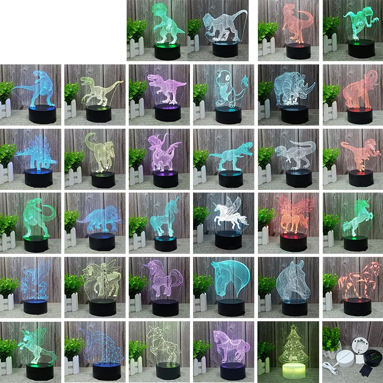 Creative Cute Kids Bedroom Animal Table Lamp Changing Colors Usb Touch 3d Acrylic Illusion Led Dinosaur Projector Night Light