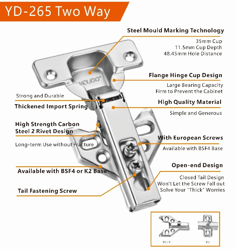 YOUDO Furniture Hardware Two Way Iron Concealed Hinges Butterfly Base Hinges for Kitchen Cabinet Doors
