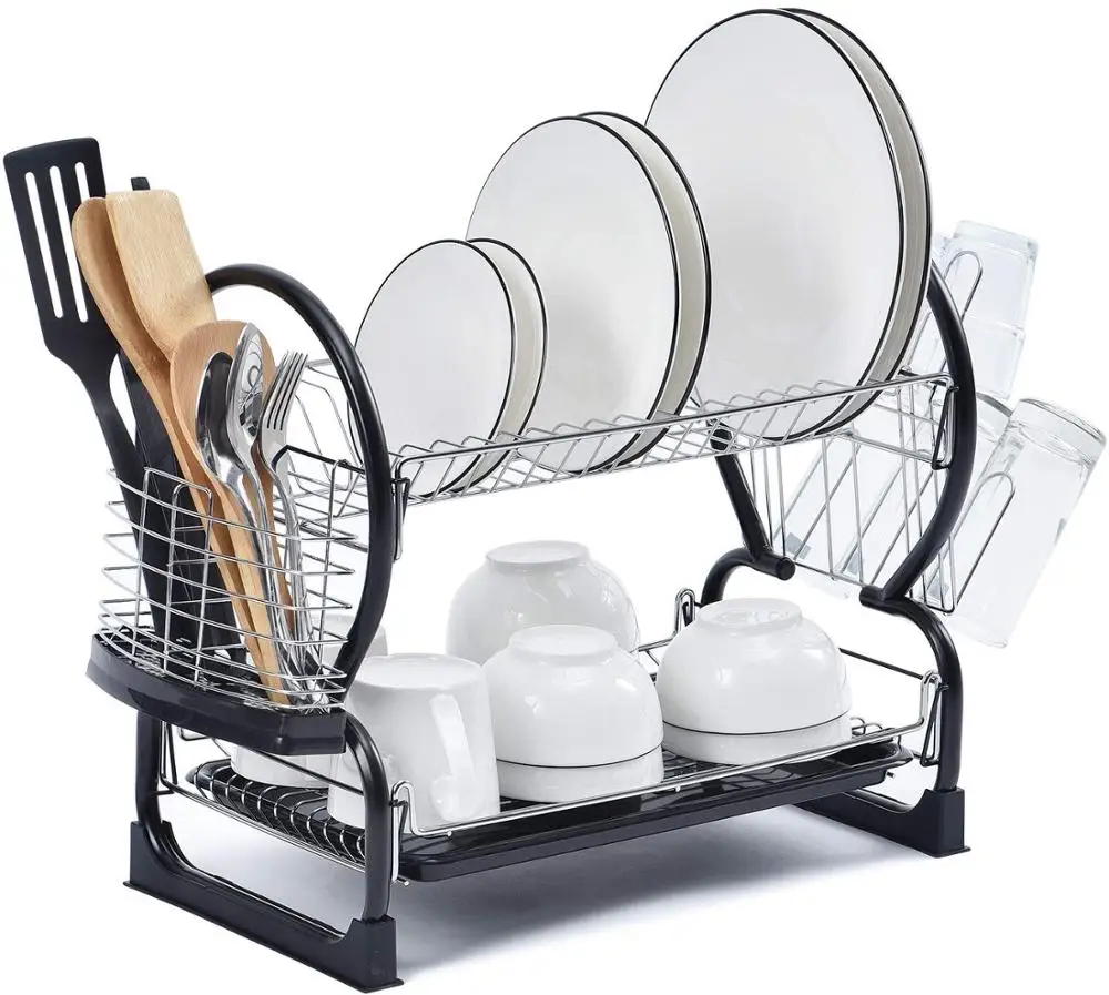 Kitchen big capacity bowl plates hold detachable 2 tier black metal dish rack with tray