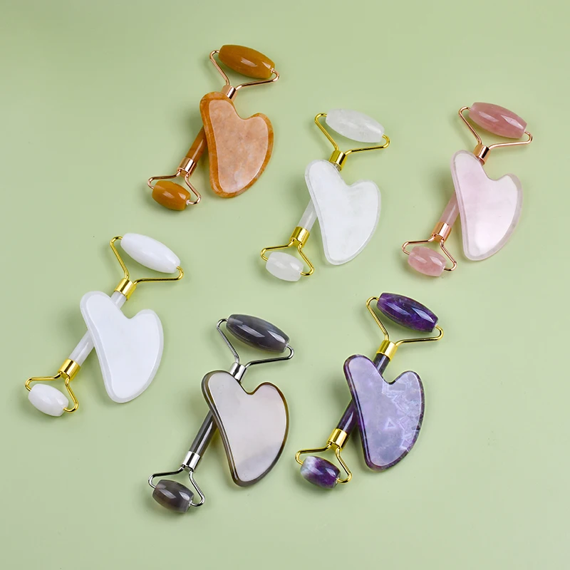 Crystal Jade Roller And Gua Sha Set Heart Shaped Guasha Stone And Jade Face Roller Custom Jade Roller And Gua Sha Massage Kit