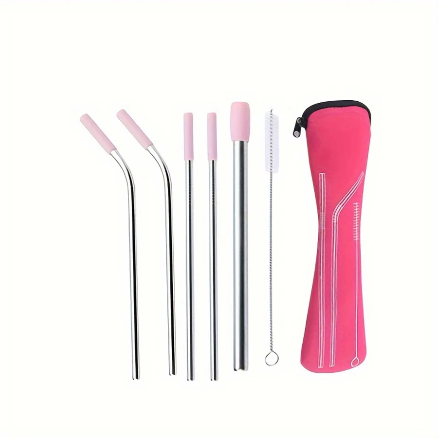 6Pcs/set Reusable Silicone Boba Bubble Tea Drink Straw + Clean Brush Stainless Steel Straws Set