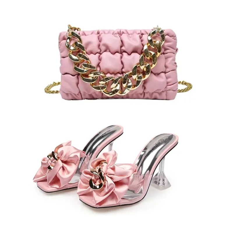 New Style Designer Luxury Ladies Slippers Shoes Bag Set High Quality Women Pumps Chain Sandals Shoes Purse Set Black Heels