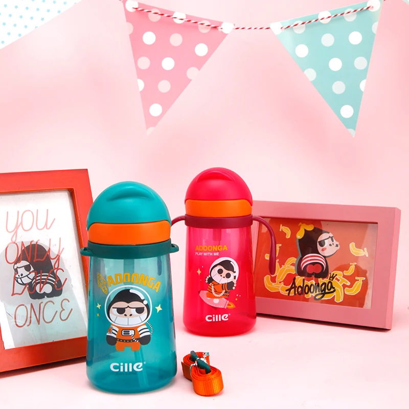 Cille 460ml Custom Cartoon Children Bottle Travel leakage-proof Plastic BPA Free Kids Drinking Cute Water Bottle with Straw