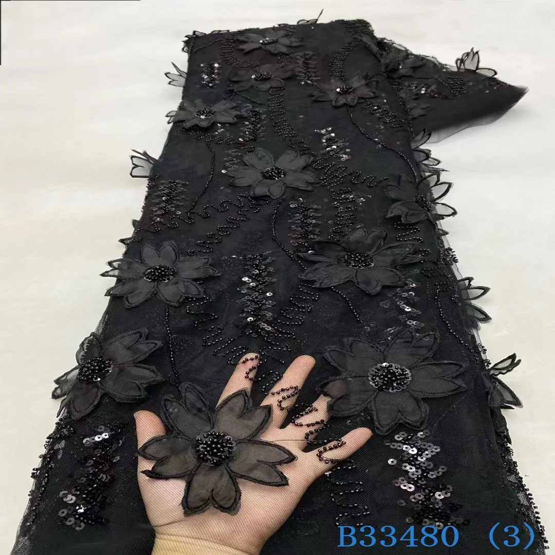High Quality Premium Lace Fabric 3D Flower Lace with Beads and Pearls Mesh 3D Lace with High End embellishments