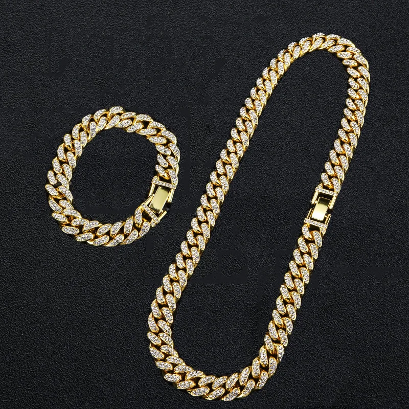 Fashion Jewelry  accessories Double row full drill hip hop Cuban chains for Men crude chain link necklace