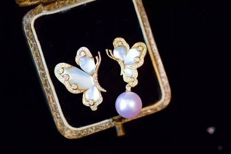 Hot Selling Fritillary Butterfly 925 Sterling Silver 14k Gold Filled Real Asymmetry Pearl Earrings