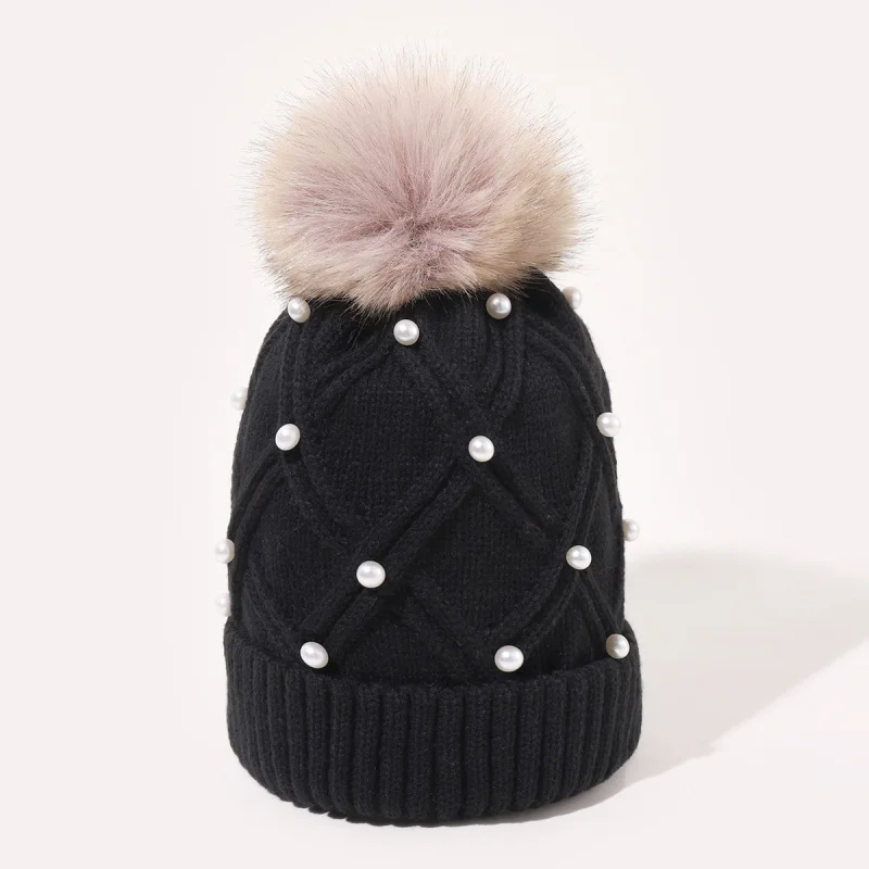 HZM-22247 Winter women ladies fur pom pom beads pearl knitted beanie hat