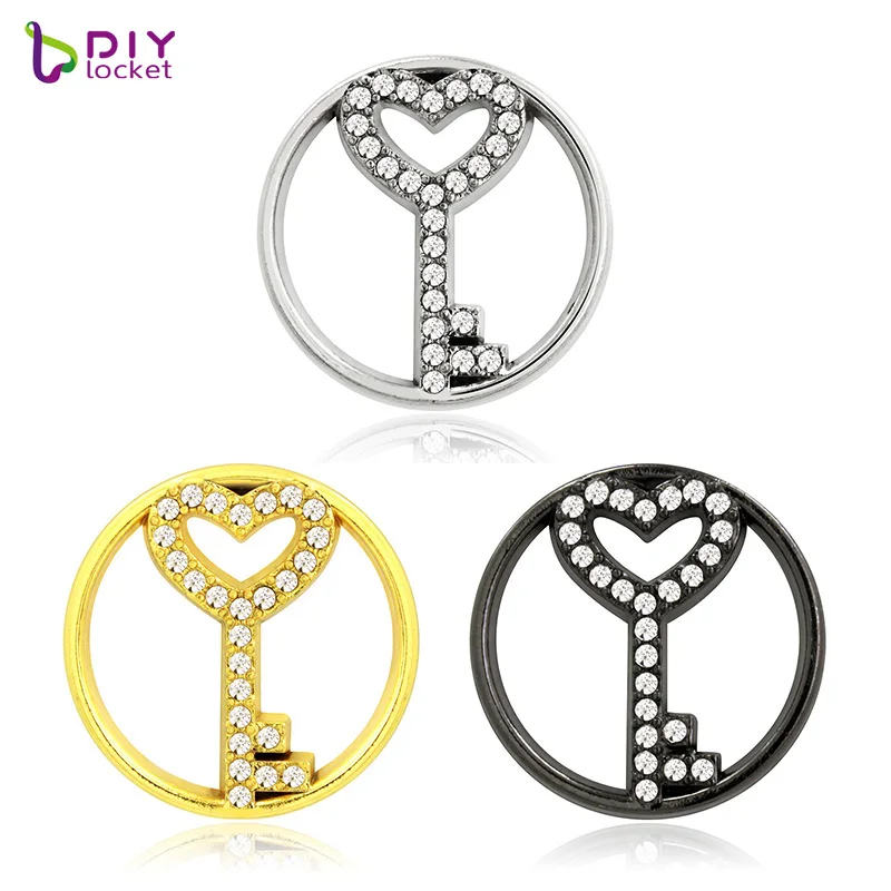Wholesale 3 colors 22mm Hollow Alloy Round KEY Floating Charm Window Plates