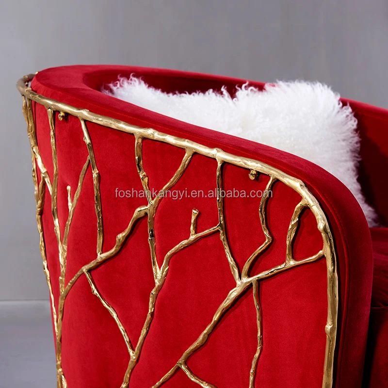 Kangyi Luxury design polished brass living room chairs & armchairs red velvet accent chair luxury leisure chair