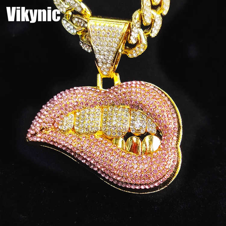 Iced Out Hip Hop Jewelry Necklace Bling Cubic Zirconia Lip Big Teeth Mouth Charms  Chain Punk Wholesale