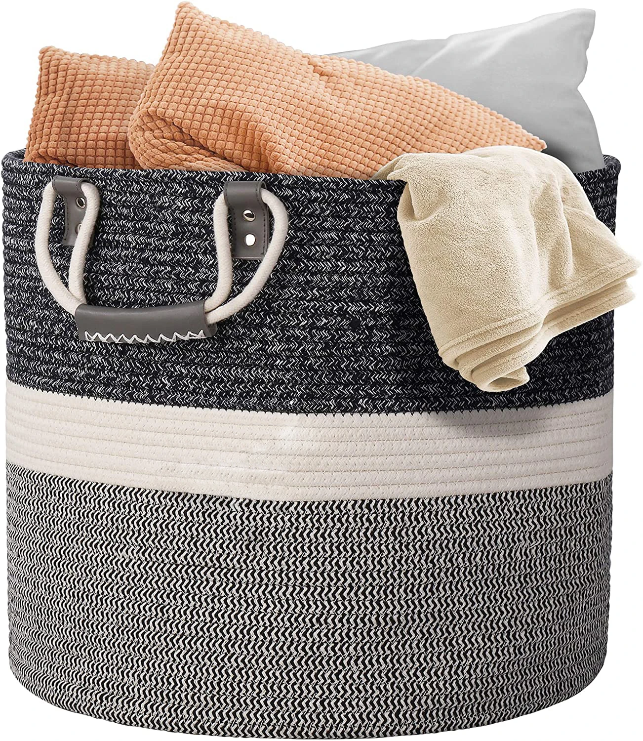 KUYUE   Large Cotton Rope Storage Baskets with Leather handle