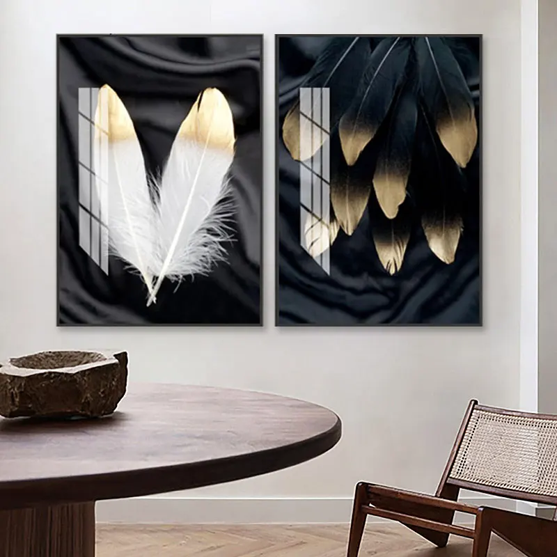 New product factory selling black and white feather book crystal porcelain decorative painting wall art painting