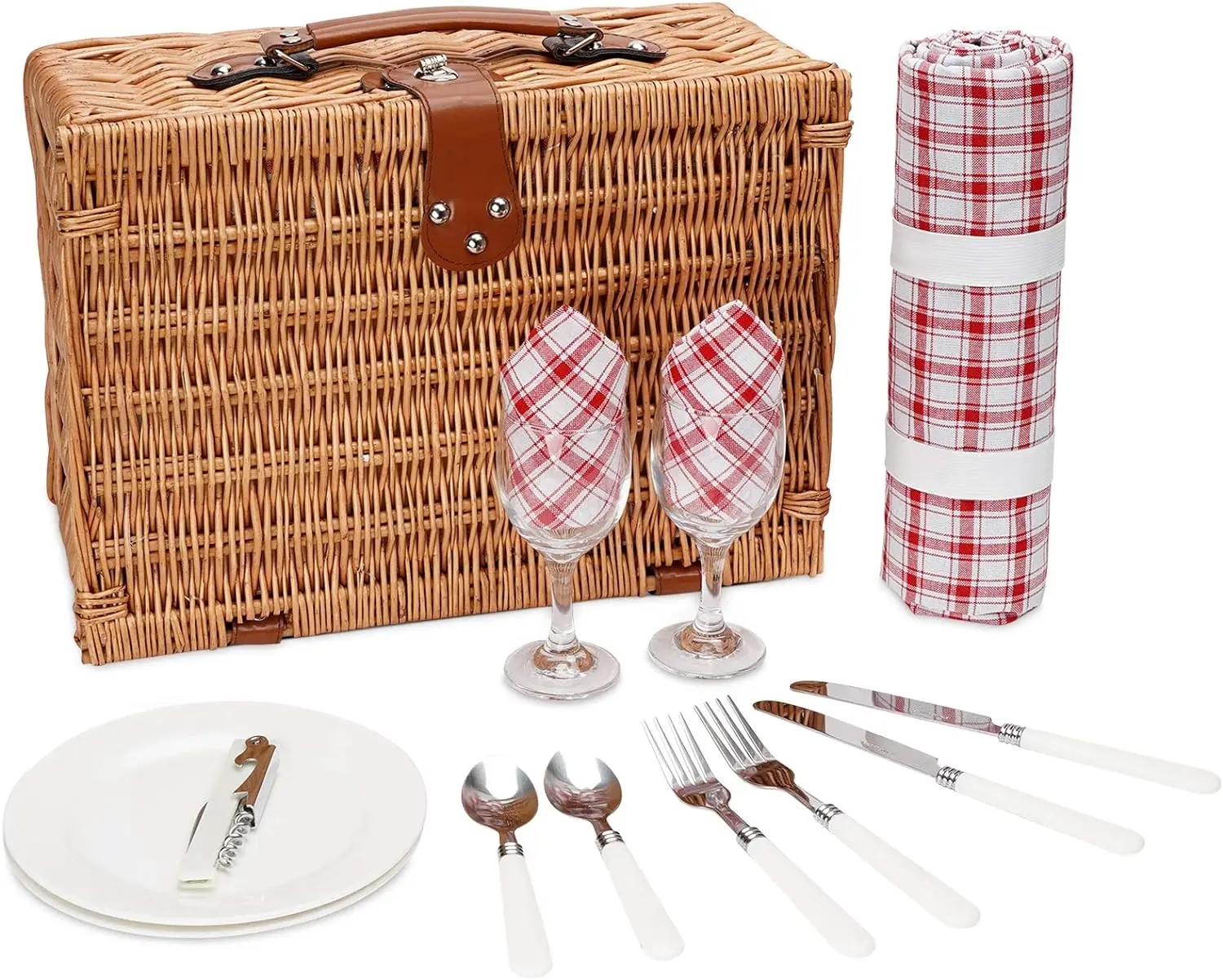 JY Rattan Picnic Basket Set with Insulated Liner and Waterproof Picnic Blanket Wine Pouch Large Wicker Picnic Hamper for Camping