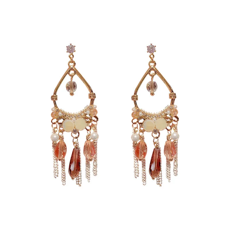 New retro ethnic style luxury tassel earrings female fashion creative wild handmade crystal earrings