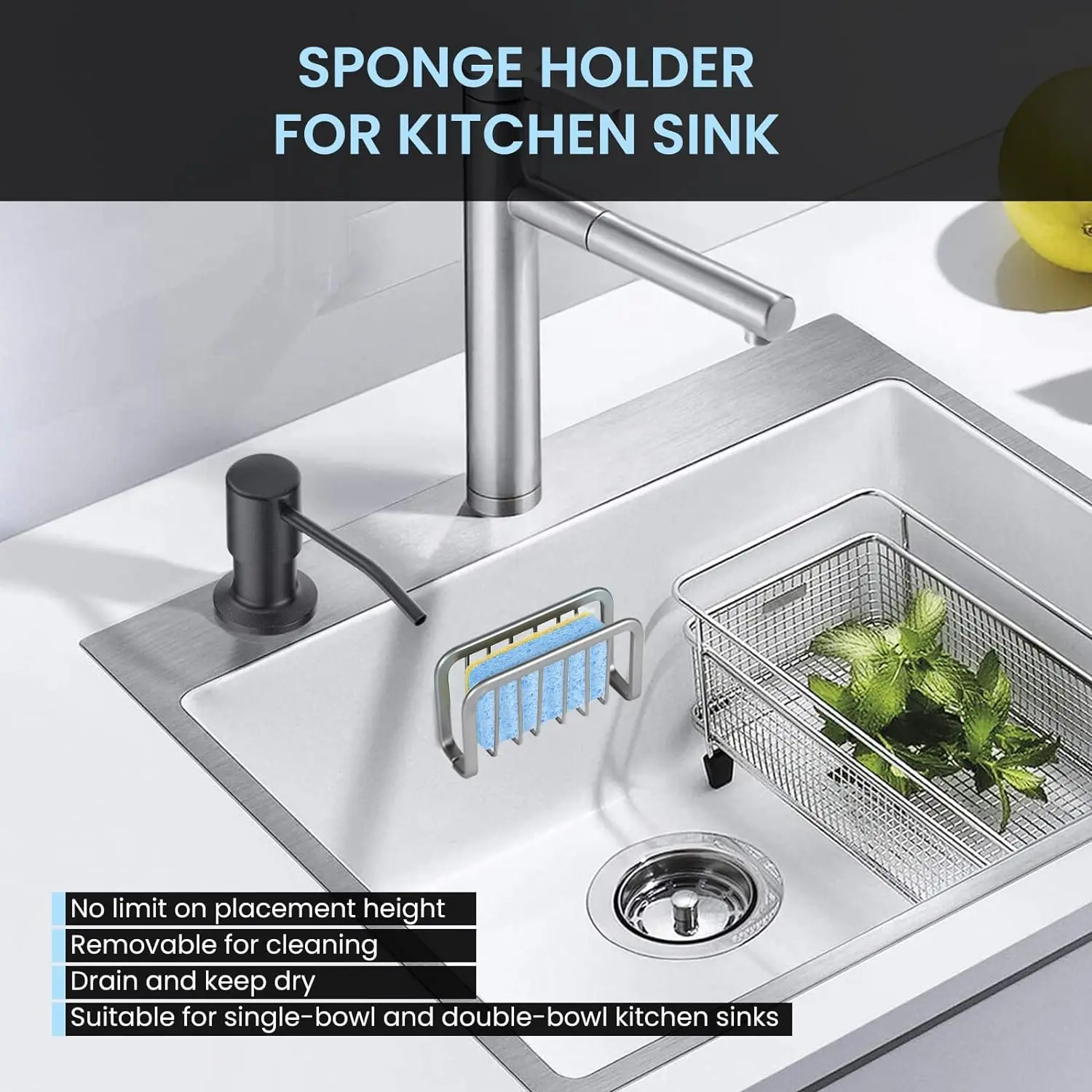 Anti-Rust Kitchen Sink Organizer with Suction Cups Aluminum Sponge Holder Storage Caddy for Convenient Storage Organization
