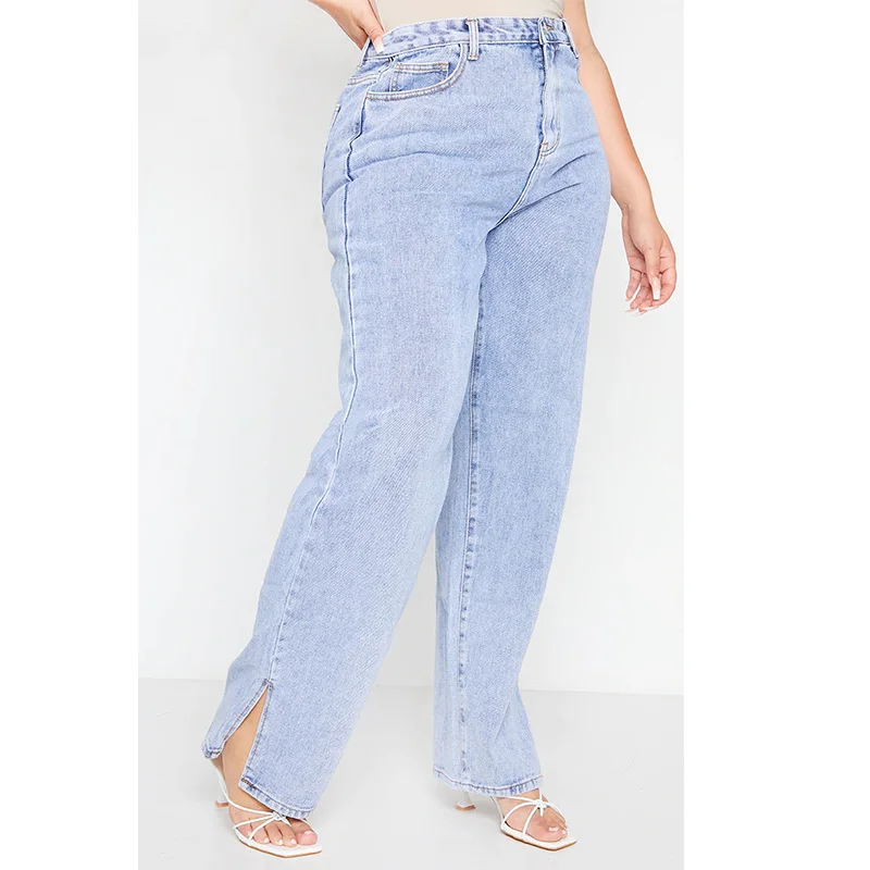 Custom Plus Size Women Jeans Split Straight Full Length Loose  Ladies Jeans Split Hem Long Pants Trousers