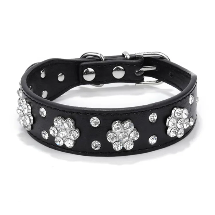 Rhinestone Flower Pattern Studded Cute PU Leather Dog Collar for Small and Medium Dogs