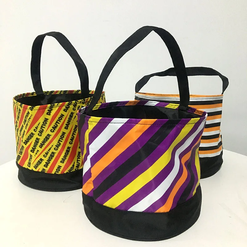 
2021 Wholesale Multi-stripe Halloween Bucket Halloween Candy Basket Orange Black Gingham Polyester Halloween Tote Bag 
