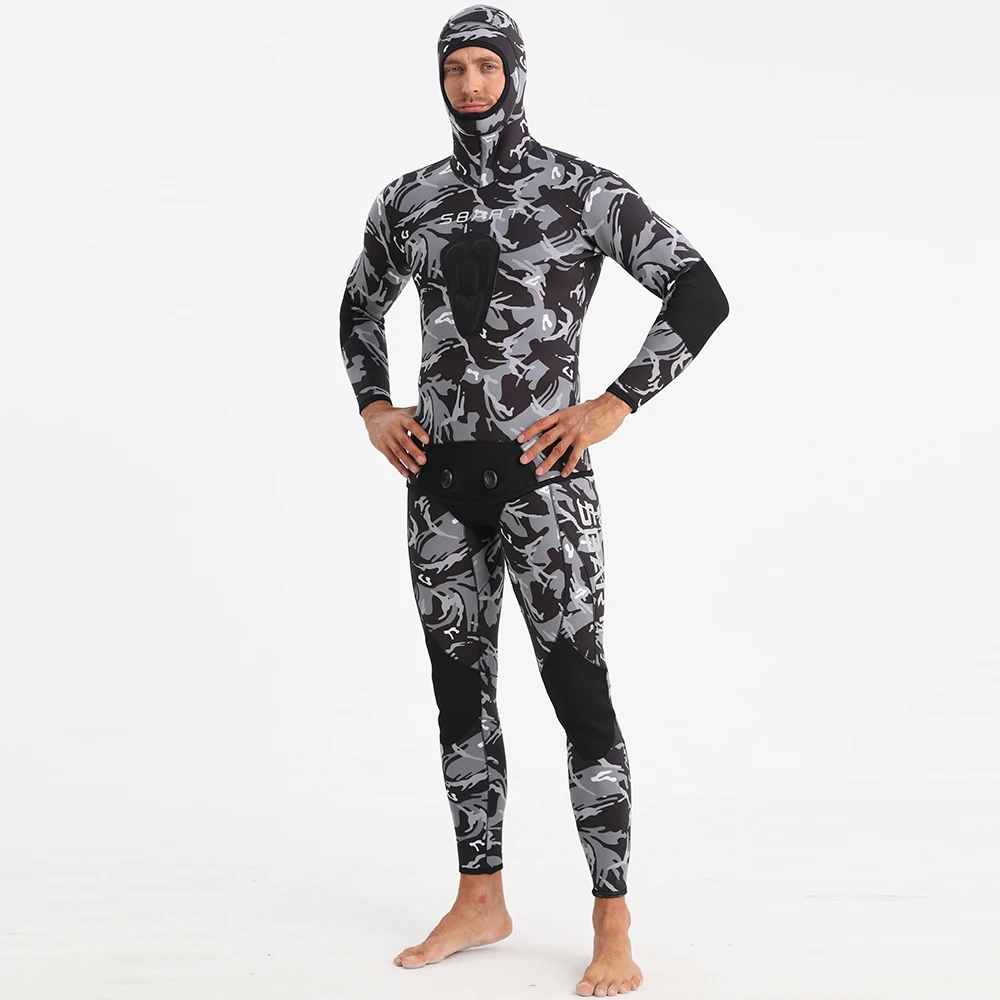 SBART New Design Neoprene 3mm 5mm Free Diving Surfing Suit Camouflage Long Sleeve 2pcs Sets Spearfishing Wetsuit With Hood