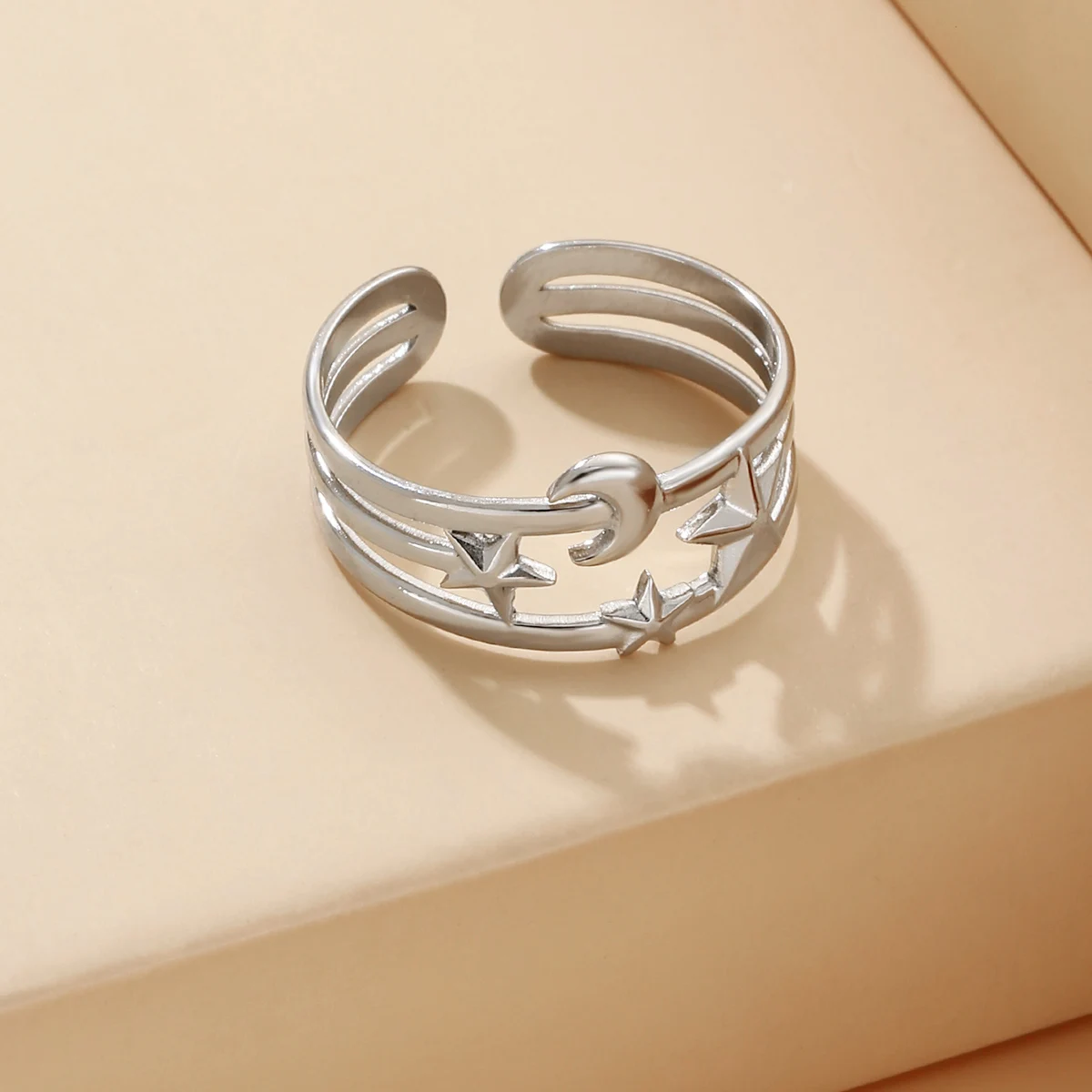 Wholesale Stainless Steel Opening Adjustable Hollow Out Geometric Finger Rings Three-Layer Star Moon Ring For Unisex