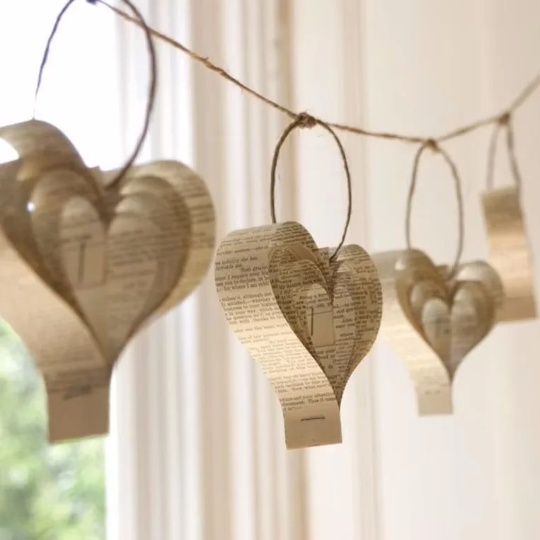 Partycool DIY Paper String Heart Garland Custom Valentines 3D Newspaper Chain Indoor Room XOXO Banner Hanging Wall Decoration