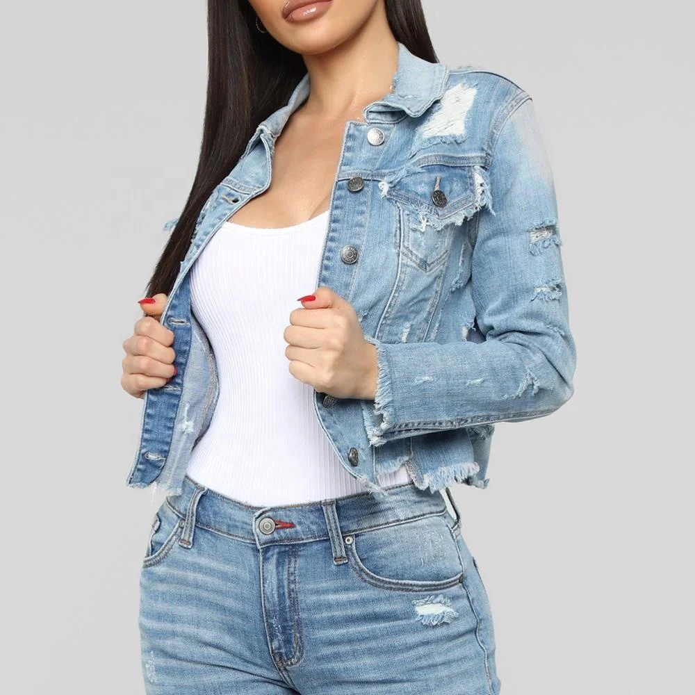 Customized fashion crop denim jaket women ripped jean jackets