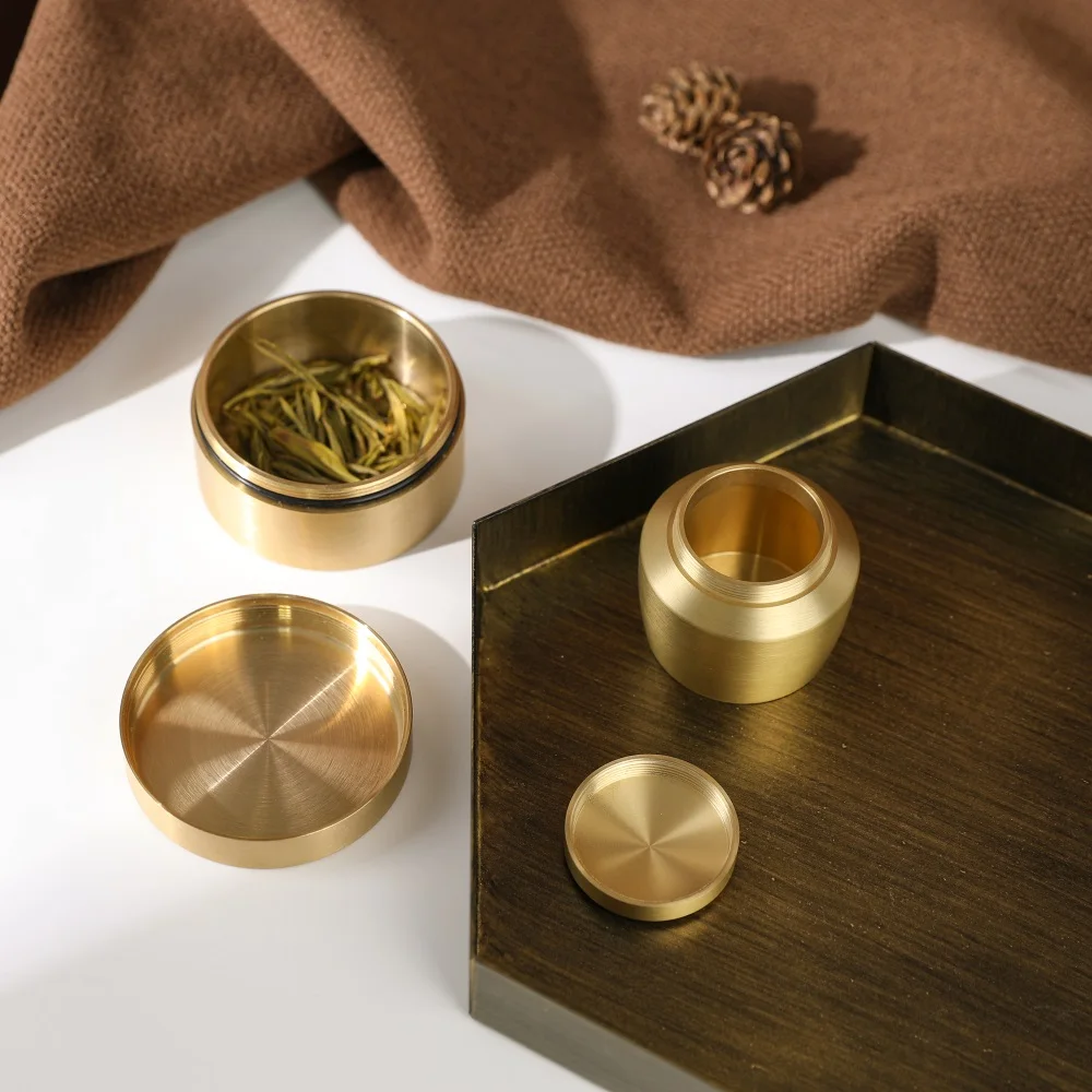 Maxery Copper Storage Box Gold Color Powder Container Box Round Vanity Countertop Storage Organizer Tea Caddy