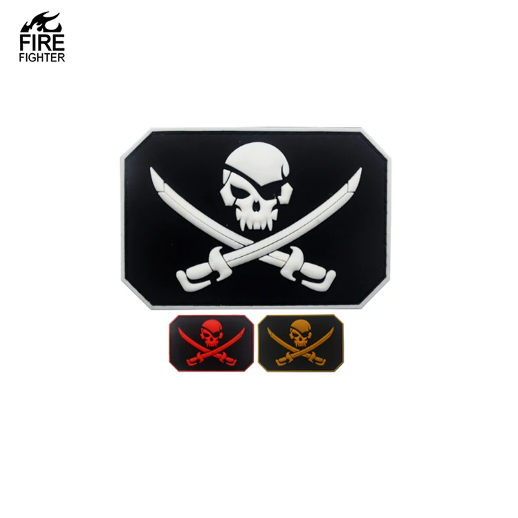 3D Waterproof Pirates With Knife Rubber Square Patches With Hook Face PVC Clothing Applique Design Patches