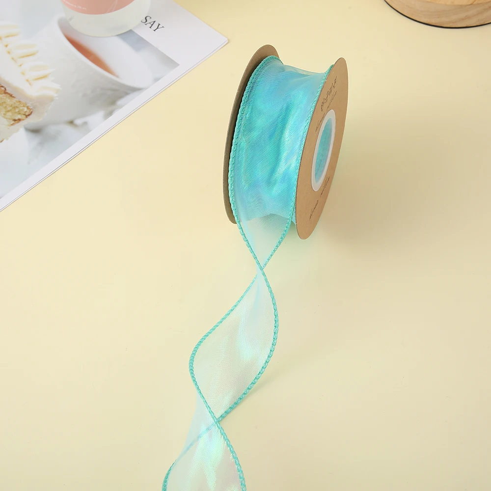 Factory wholesale customized solid color double face organza wired ribbon organza ribbon roll
