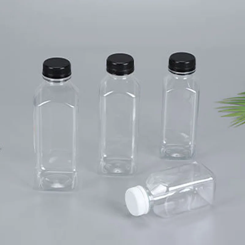 Square Plastic Juice Bottles with Caps - Transparent Bulk Drink Bottles with Tamper Evident Lids for Smoothie Water Beverage