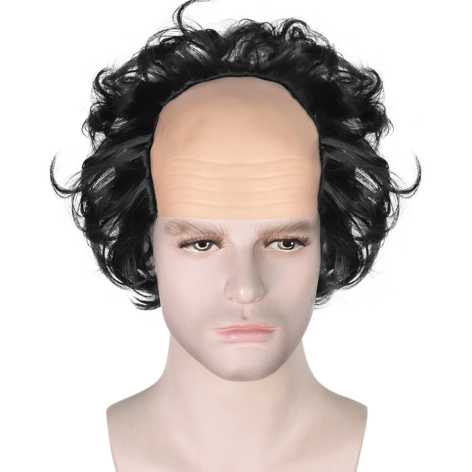 Anogol Short Curly Black Fits Old Man Bald Gray Mad Scientist Halloween Cosplay Wig Clown Anime Costume Party Wig