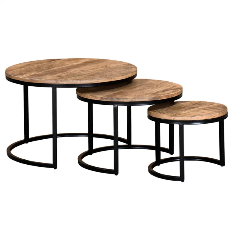Wholesale Price Luxury Modern Living Room Rustic Nordic Round MDF Reclaimed Wood And Metal Nesting Coffee Table Set Of 3