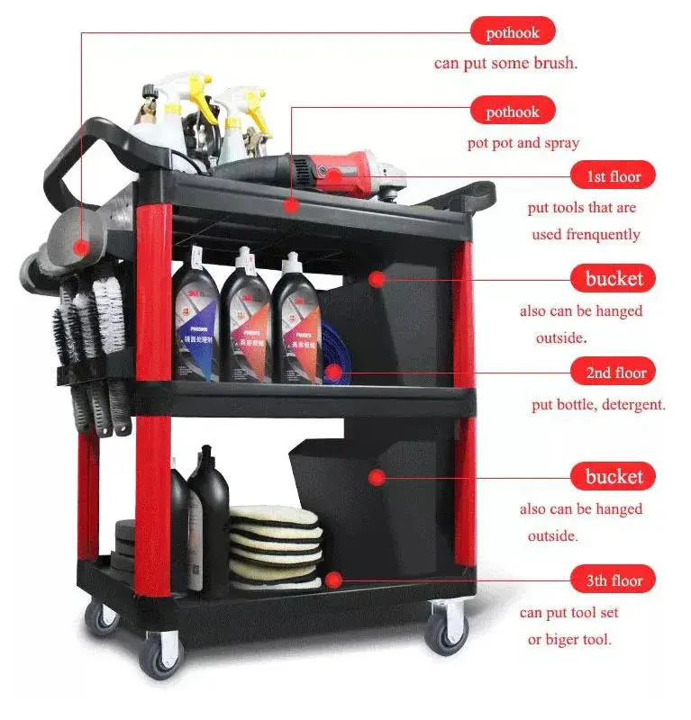 3-Shelf Plastic Utility Trolley Auto Repair And Car Detailing Tool Cart For Garage Workshop Customizable Oem Support