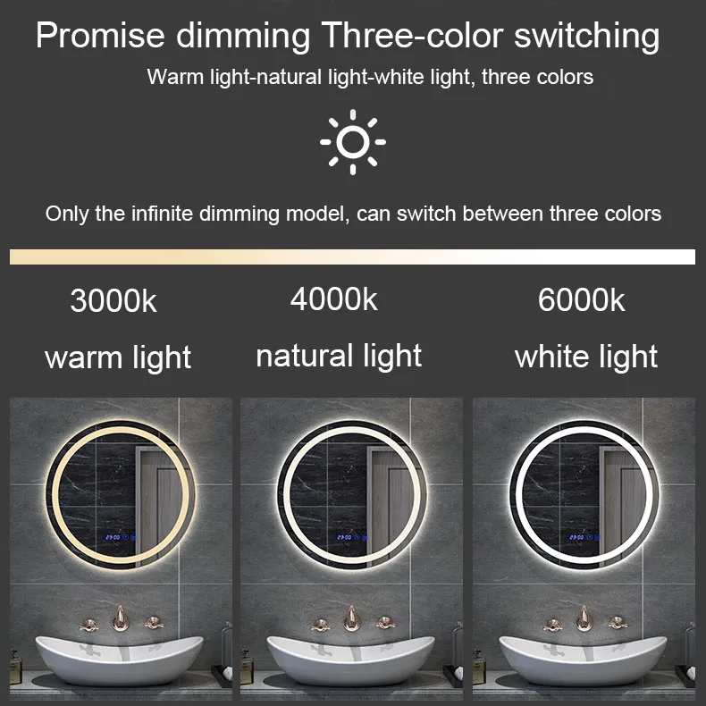 Custom Sample Hotel Villa Single Double Switch Degogger Bath Led Mirrors Round With Time Clock Display