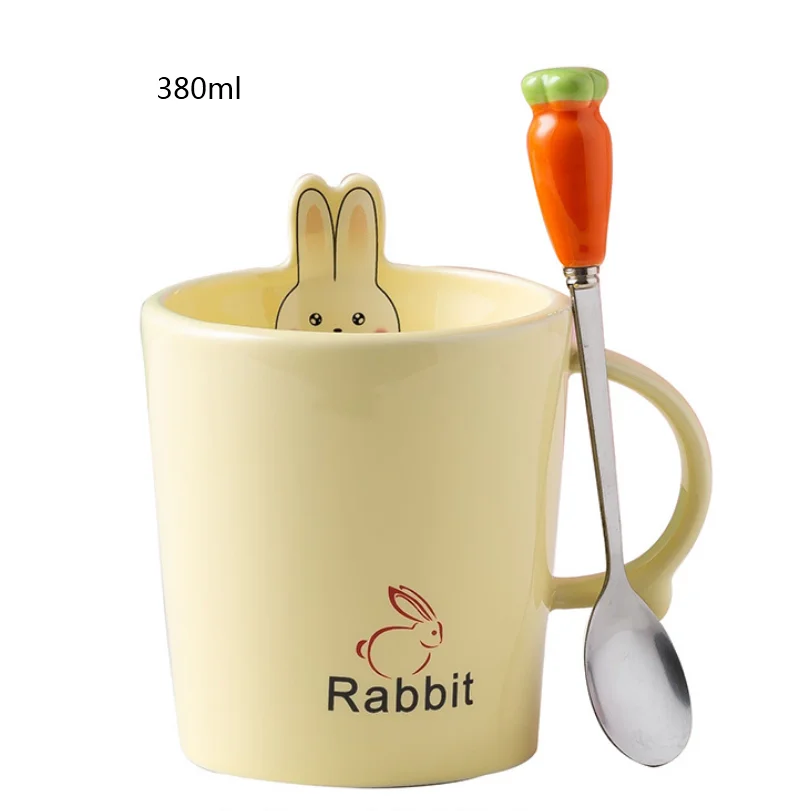 personalized creative mugs cute white rabbit shape ceramic cups cartoon with spoon